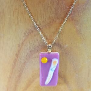 Pink, Yellow, White Fused Glass Puzzle Pendant w/ Gold Tone Chain by Lynn Smythe